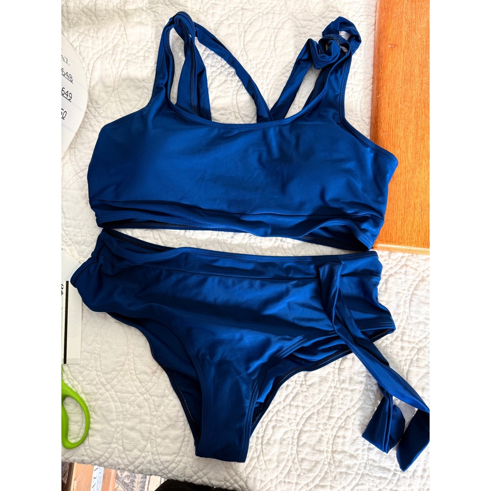 Royal Blue High Waisted Two Piece Swimsuit Set Criss Cross Back Size XL
